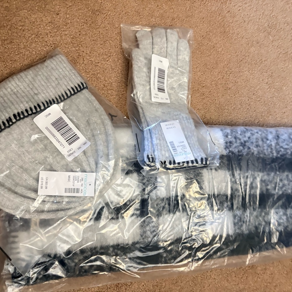 Maurices light Gray Knit whipstitch Hat, plaid Scarf, and Gloves Set